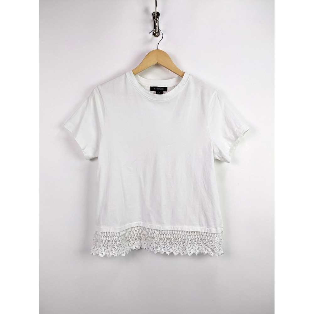 Sanctuary Womens 100% Cotton Lace-Hem Crewneck T-Shirt in white Size M